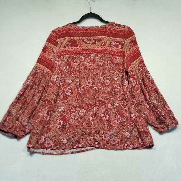 American Eagle Womens Medium Boho Peasant Top Red Paisley Balloon Sleeve Viscose - Picture 10 of 11